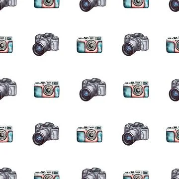Watercolor camera seamless pattern,  Hand drawn retro camera paper. Illustr.. Stock Illustration