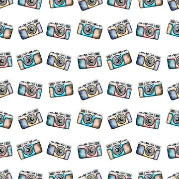 Watercolor camera seamless pattern,  Hand drawn retro camera paper. Illustr.. Stock Illustration