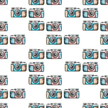Watercolor camera seamless pattern,  Hand drawn retro camera paper. Illustr.. Stock Illustration