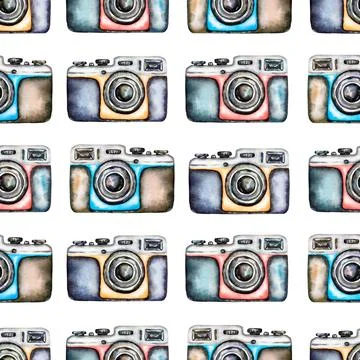 Watercolor camera seamless pattern,  Hand drawn retro camera paper. Illustr.. Stock Illustration