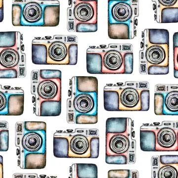 Watercolor camera seamless pattern,  Hand drawn retro camera paper. Illustr.. Stock Illustration