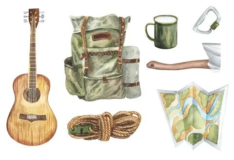 Watercolor camp objects set, adventure outdoor tourist camping symbols Tent Stock Illustration