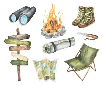 Watercolor camp objects set adventure outdoor tourist camping symbols Camper Stock Illustration