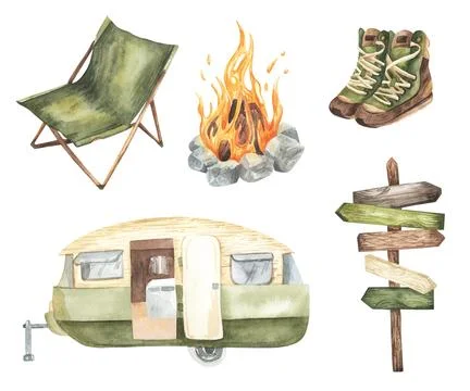 Watercolor camp objects set, adventure outdoor tourist camping symbols Camper Stock Illustration