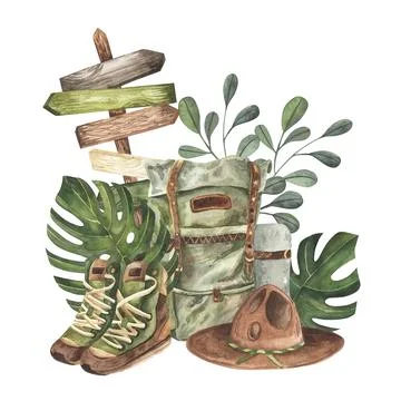 Watercolor camp objects set adventure outdoor tourist camping symbols Camper bag Stock Illustration