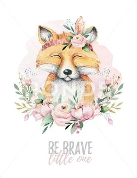 Watercolor cartoon isolated cute baby fox animal with flowers. Forest nursery Stock Illustration