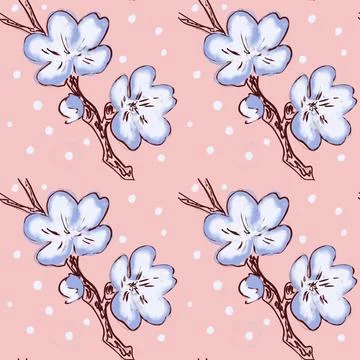 Watercolor cherry blossom seamless pattern on blush pink Stock Illustration