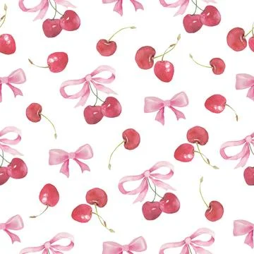 Watercolor Cherry Coquette Seamless Pattern with Pink Ribbon Bows. Vector. Illustrazione stock