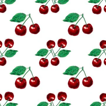Watercolor cherry seamless pattern on a white background. 스톡 일러스트