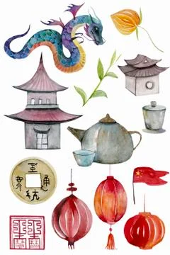 Watercolor Chinese elements on a white background. Stock Illustration
