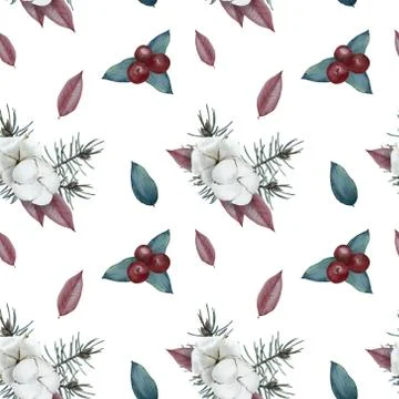 Watercolor Christmas elements seamless pattern. Winter, Christmas, theme. Stock Illustration