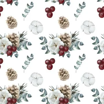 Watercolor Christmas elements seamless pattern. Winter, Christmas, theme. Stock Illustration