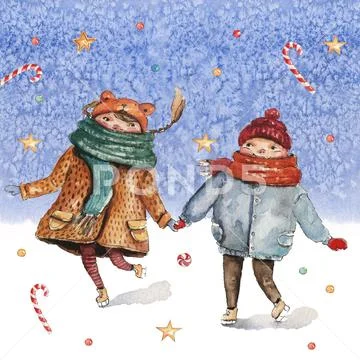 Watercolor Christmas illustration with children on icy-blue watercolor backgr Stock Illustration