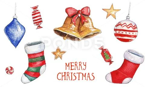 Watercolor Christmas illustration with Christmas stockings, bells, candies, g Stock Illustration