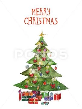 Watercolor Christmas illustration with Christmas tree and presents. Christmas Stock Illustrationen