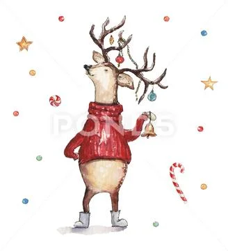 Watercolor Christmas illustration with deer in sweater and decorations Stock Illustration