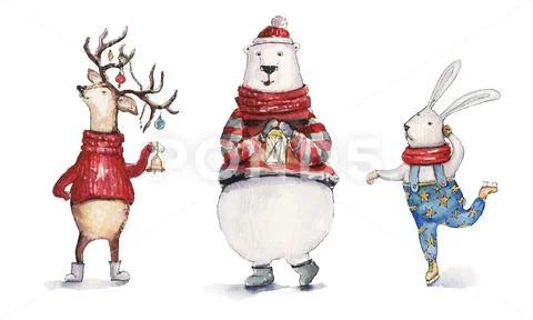 Watercolor Christmas illustration with hare, holiday deer and colorful bear. Stock Illustration