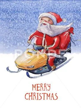 Watercolor Christmas illustration with Santa Claus on yellow snowmobile on ic Stock Illustration