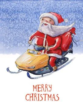Watercolor Christmas illustration with Santa Claus on yellow snowmobile on ic Stock Illustration