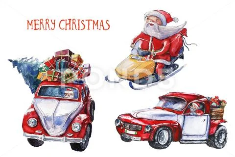 Watercolor Christmas illustration with Santa Claus on snowmobile and two Sant Stock Illustration