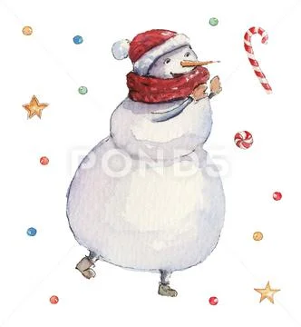 Watercolor Christmas illustration with a snowman Stock Illustration