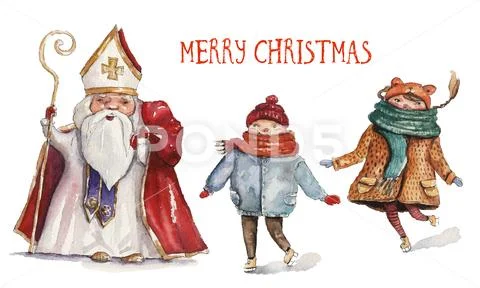 Watercolor Christmas illustration with St. Nicholas and two children. Christm Stock Illustration