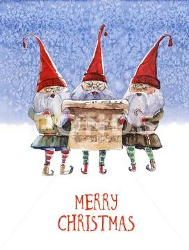 Watercolor Christmas illustration with trio singing dwarfs on icy-blue waterc Stock Illustration