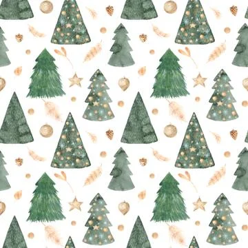 Watercolor Christmas pattern, Christmas tree, textures Seamless pattern hand Stock Illustration