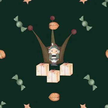 Watercolor christmas pattern nutcracker with crown, nuts, crown, candies. New Stock Illustration