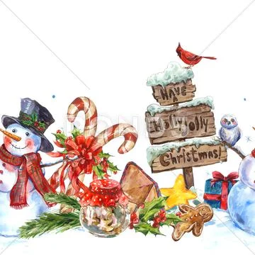 Watercolor Christmas seamless border with snowman Stock Illustration