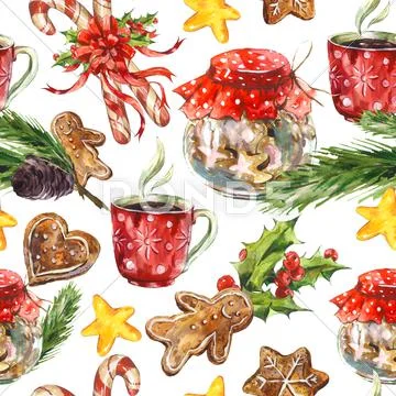 Watercolor Christmas seamless pattern with cookies, cup of tea a Stock Illustration