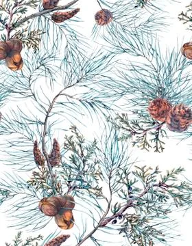 Watercolor Christmas Seamless Pattern with Tree Branches Stock Illustration