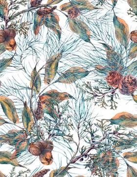 Watercolor Christmas Seamless Pattern with Tree Branches Illustrazione stock