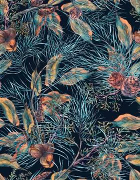 Watercolor Christmas Seamless Pattern with Tree Branches Stock Illustration