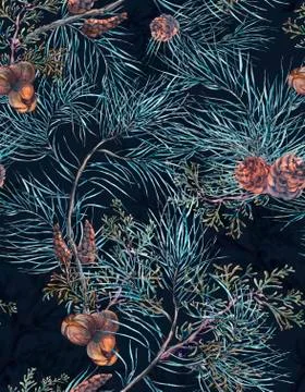 Watercolor Christmas Seamless Pattern with Tree Branches Stock Illustration