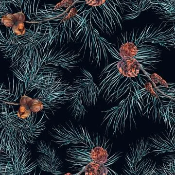Watercolor Christmas Seamless Pattern with Tree Branches Illustrazione stock
