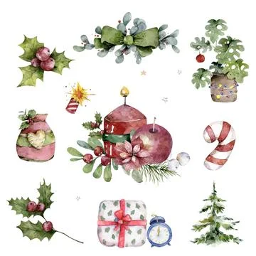 Watercolor Christmas set Objects Collection. Detailed hand drawn isolated Stock Illustration
