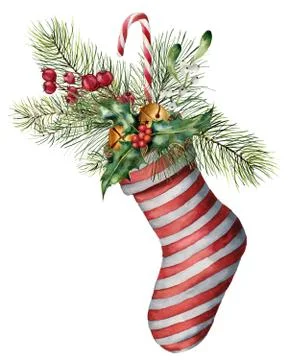 Watercolor Christmas sock with decor. Hand painted striped sock with fir branch Stock Illustration