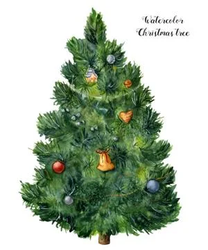 Watercolor Christmas tree. Hand painted pine tree with toys, bells and garlands Stock Illustration