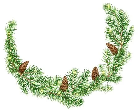 Watercolor Christmas Wreath, Pine wreath with branchs, pine cones and lights Stock Illustration