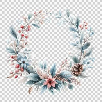 Watercolor Christmas wreath with poinsettia, holly, berries and leaves. Stock Photos