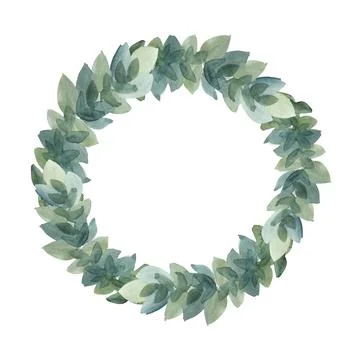 Watercolor circle frame border template for design. Green blue abstract branch Stock Illustration