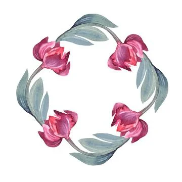 Watercolor circle frame border template for design. Abstract flower red tulip Stock Illustration