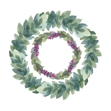 Watercolor circle frame border template for design. Abstract branch with flower Stock Illustration
