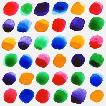 Watercolor circles seamless pattern with red, yellow, green and ultramarine Stock Illustration
