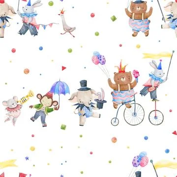 Watercolor circus animals seamless pattern background Stock Illustration