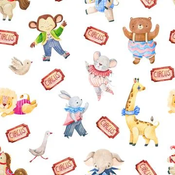 Watercolor Circus Animals Seamless Pattern Backdrop Stock Illustration