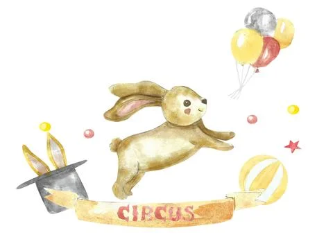Watercolor circus party composition set. Circus bunny jumping and hare in hat Stock Illustration