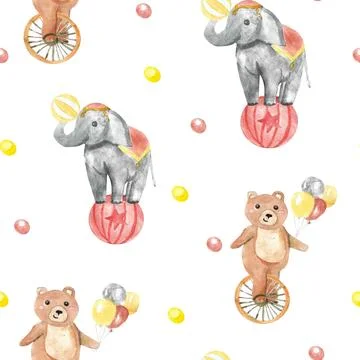 Watercolor circus pattern with cute animals. Elephant on a ball, bear on a Stock Illustration