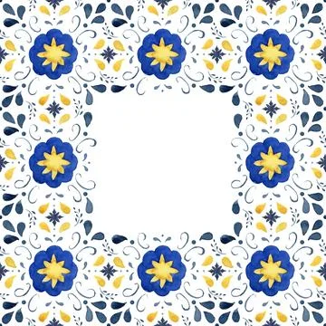 Watercolor classical frame consisting of blue, yelllow elements and Mediterra Stock Illustration